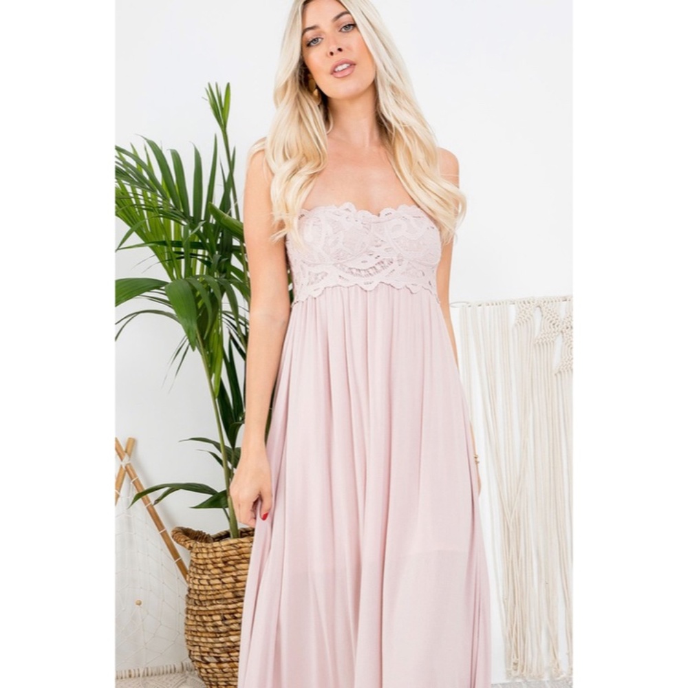 Nude Pink Scallop Crochet Lace Bust Strapless Tube Tiered Skirt Maxi Long Dress - Picture 3 of 6